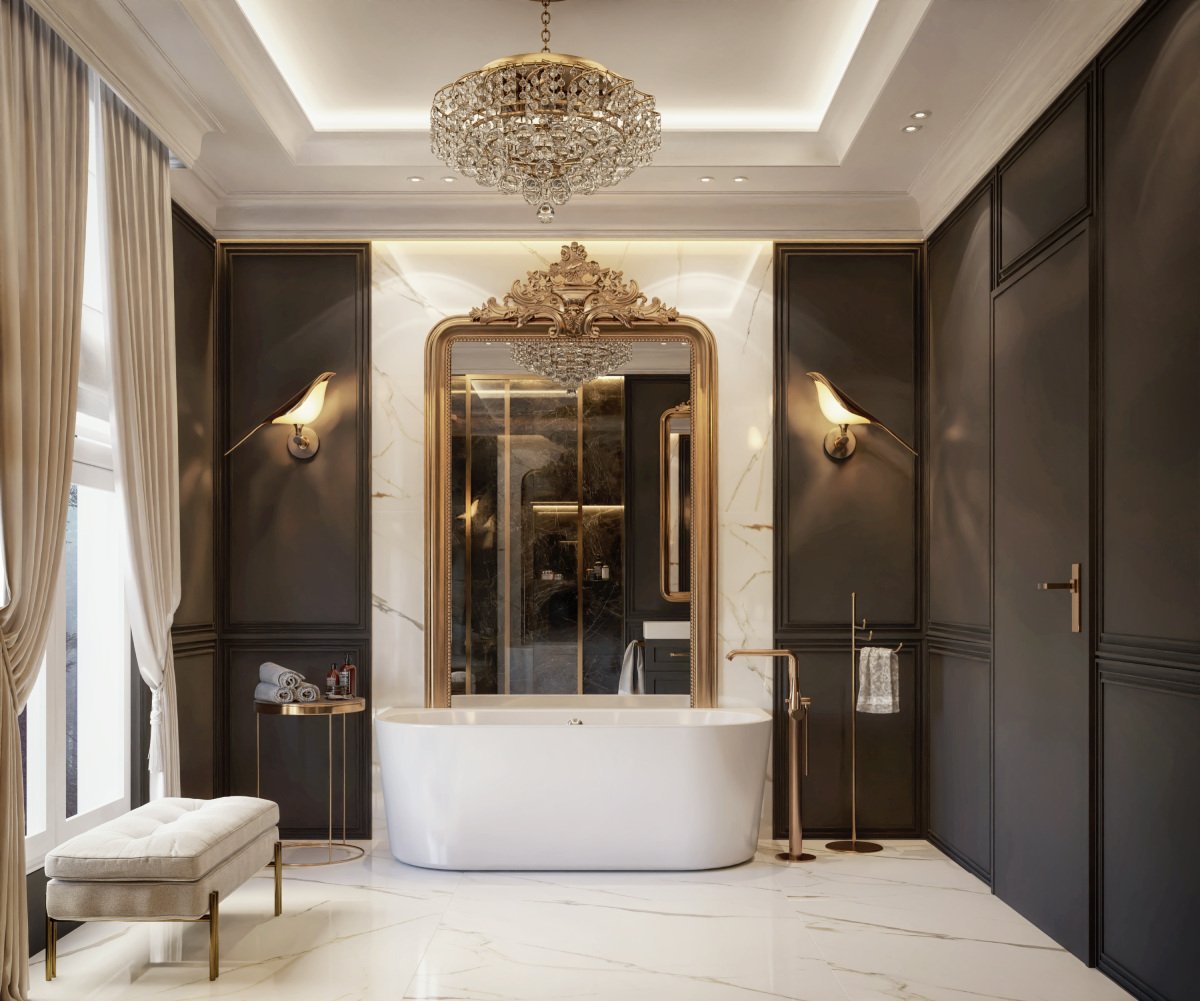 Płytki imitujące marmur w projekcie łazienki w stylu glamour.